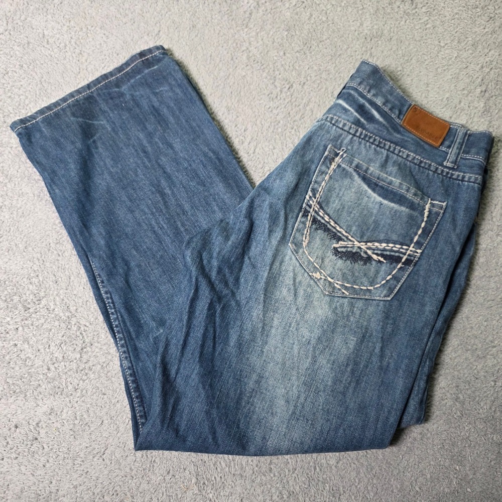 Flypaper Mens 34x30 Boot Cut Jeans Blue Heavy Contrast Stitch Whiskered Denim